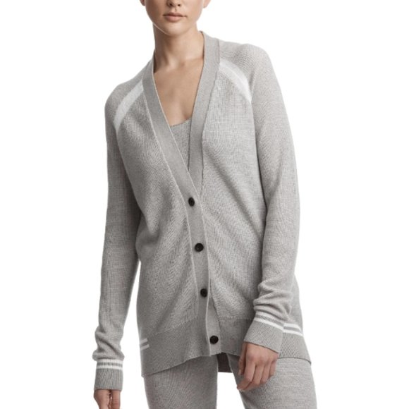 ATM Gray & White Waffle Knit Raglan Sleeve Button-Down Schoolboy Cardigan Size S - Picture 1 of 10